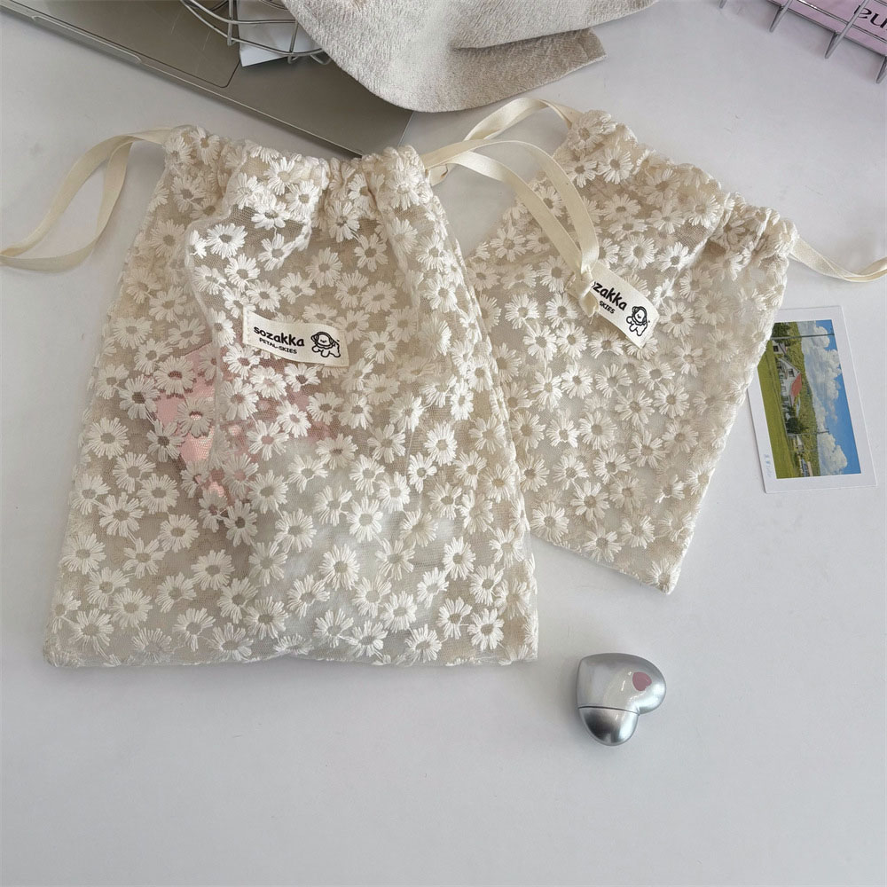 레이스 자수 데이지 메쉬 드로스트링 메이크업 가방 여름 - Travel Accessories And Bags 리뷰 및 가격